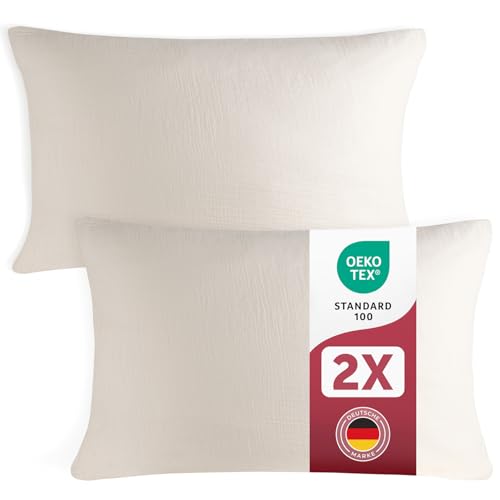 Blumtal Musselin Kissenbezug 40x80 cm 2er Set - Oeko-TEX zert. Musselin Kopfkissen 40x80 Bezug 100% Baumwolle - weiches Kissen-Set waschbar bei 40 °C - atmungsaktive Sommer Kopfkissenbezüge Ivory von Blumtal