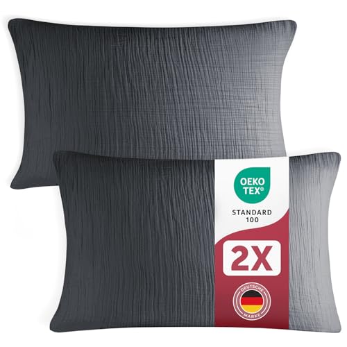 Blumtal Musselin Kissenbezug 40x80 cm 2er Set - Oeko-TEX zert. Musselin Kopfkissen 40x80 Bezug 100% Baumwolle - weiches Kissen-Set waschbar bei 40 °C - atmungsaktive Sommer Kissenbezüge Anthrazit von Blumtal