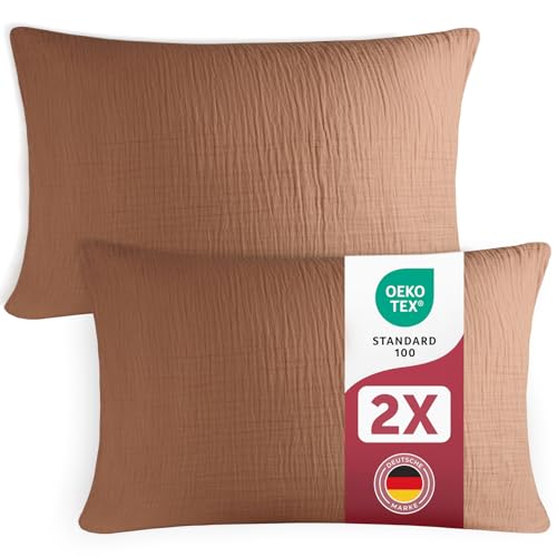 Blumtal Musselin Kissenbezug 40x80 cm 2er Set - Oeko-TEX zert. Kissenbezug Musselin aus 100% Baumwolle - extra weiches Kissen-Set waschbar bei 40 °C - atmungsaktive Sommer Kopfkissenbezüge Copper von Blumtal