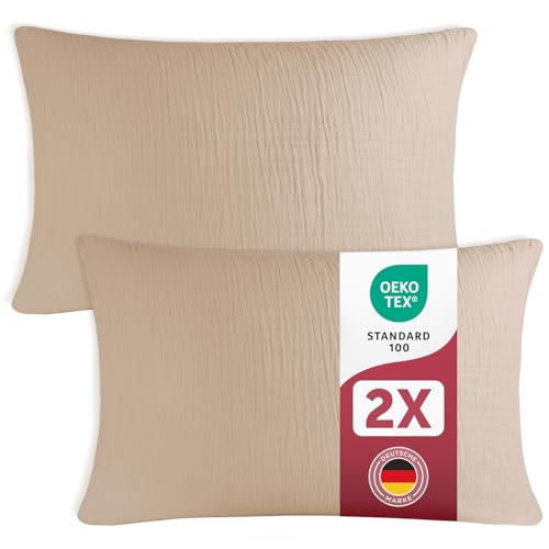 Blumtal Musselin Kissenbezug 40x80 cm 2er Set - Oeko-TEX zert. Kissenbezug Musselin aus 100% Baumwolle - extra weiches Kissen-Set waschbar bei 40 °C - atmungsaktive Sommer Kopfkissenbezüge Taupe von Blumtal