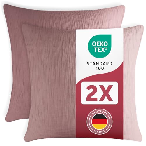 Blumtal Musselin Kissenbezug 80x80 cm 2er Set - Oeko-TEX zert. Musselin Kopfkissenbezug 80x80 aus 100% Baumwolle - weiches Kissen-Set waschbar bei 40 °C - atmungsaktive Sommer Kissenbezüge Violett von Blumtal