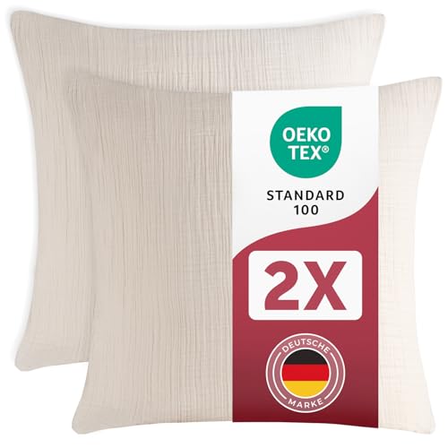 Blumtal Musselin Kissenbezug 80x80 cm 2er Set - Oeko-TEX zert. Kissenbezug Musselin aus 100% Baumwolle - extra weiches Kissen-Set waschbar bei 40 °C - atmungsaktive Sommer Kissenbezüge Ivory von Blumtal