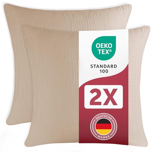 Blumtal Musselin Kissenbezug 80x80 cm 2er Set - Oeko-TEX zert. Kissenbezug Musselin aus 100% Baumwolle - extra weiches Kissen-Set waschbar bei 40 °C - atmungsaktive Sommer Kissenbezüge Taupe Blumtal Musselin Kissenbezug 80x80 cm 2er Set - Oeko-TEX zert. Kissenbezug Musselin aus 100% Baumwolle - extra weiches Kissen-Set waschbar bei 40 °C - atmungsaktive Sommer Kissenbezüge Taupe von Blumtal