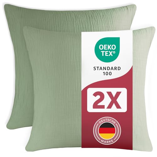 Blumtal Musselin Kissenbezug 80x80 cm 2er Set - Oeko-TEX zert. Musselin Kopfkissenbezug 80x80 aus 100% Baumwolle - weiches Kissen-Set waschbar bei 40 °C - atmungsaktive Sommer Kissenbezüge Sommergrün von Blumtal