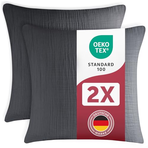 Blumtal Musselin Kissenbezug 80x80 cm 2er Set - Oeko-TEX zert. Kissenbezug Musselin aus 100% Baumwolle - extra weiches Kissen-Set waschbar bei 40 °C - atmungsaktive Sommer Kissenbezüge Anthrazit von Blumtal
