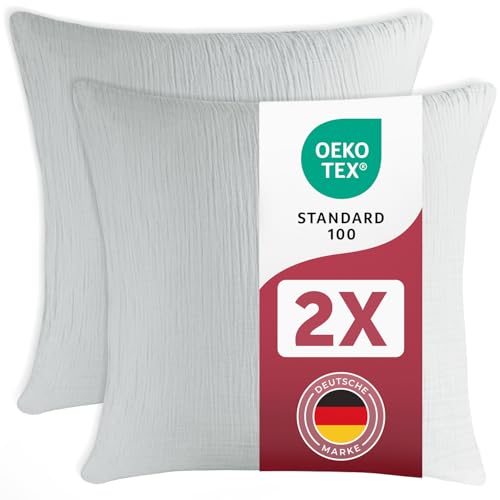 Blumtal Musselin Kissenbezug 80x80 cm 2er Set - Oeko-TEX zert. Kissenbezug Musselin aus 100% Baumwolle - extra weiches Kissen-Set waschbar bei 40 °C - atmungsaktive Sommer Kissenbezüge Blau von Blumtal