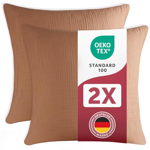 Blumtal Musselin Kissenbezug 80x80 cm 2er Set - Oeko-TEX zert. Kissenbezug Musselin aus 100% Baumwolle - extra weiches Kissen-Set waschbar bei 40 °C - atmungsaktive Sommer Kissenbezüge Copper von Blumtal
