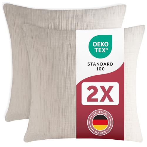 Blumtal Musselin Kissenbezug 80x80 cm 2er Set - Oeko-TEX zert. Kissenbezug Musselin aus 100% Baumwolle - extra weiches Kissen-Set waschbar bei 40 °C - atmungsaktive Sommer Kissenbezüge Grau von Blumtal
