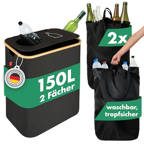 Blumtal Pflandflaschen Sammelbehälter 150L mit 2 Fächern - Bambus Pfandflaschen Organizer - Flaschensammler Leergut - Pfandflaschen Behälter - Leergut Sammelbehälter mit Loch - Sammelbehälter Schwarz von Blumtal