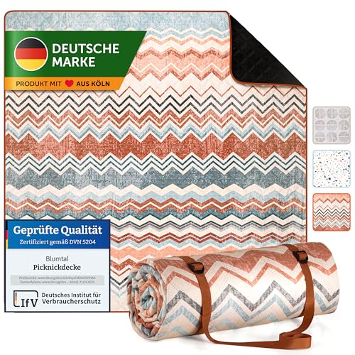 Blumtal Premium Picknickdecke wasserabweisend 200x200 cm Boho & TERRAZZO Design - waschbare Stranddecke gepolstert + weiche Zwischenfüllung - Outdoor Decke aus Oxford-Gewebe - Decke Terrazzo Zickzack von Blumtal