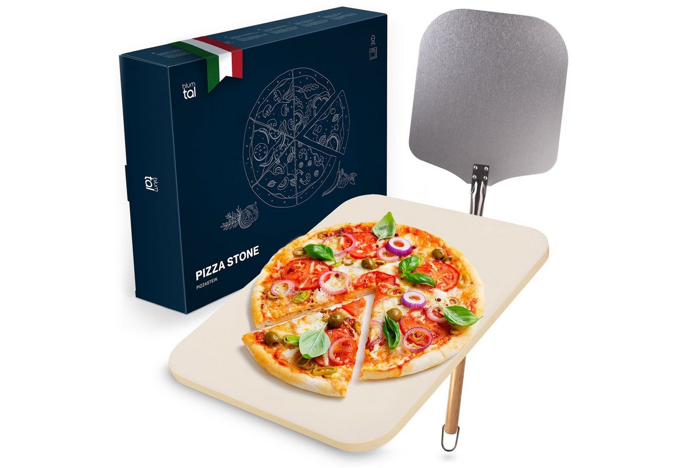 Blumtal Pizzastein für Backofen & Gasgrill inkl. Pizzaschieber - Pizzastein rechteckig, Cordierit, (für knusprigen Pizzaboden wie vom Italiener, auch für Brot und Flammkuchen ideal geeignet) von Blumtal