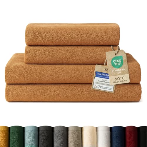 Blumtal Premium Frottier Handtücher Set 4 teilig 100% Baumwolle - Oeko-TEX zertifiziertes Badetuch 2X (70x140 cm) + Towel 2X (50x100 cm) - saugstarkes Frottiertücher Set - Handtücher Hellbraun von Blumtal