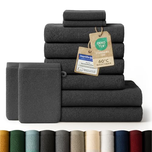 Blumtal Premium Frottier Handtücher Set 10 teilig 100% Baumwolle - Oeko-TEX zert. Badetuch 2X (70x140cm) + Handtuch 4X (50x100cm) + Gästehandtuch 2X (30x50cm) + Waschlappen 2 x (15x20cm) Anthrazit von Blumtal
