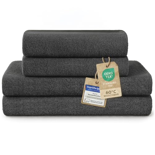 Blumtal Premium Frottier Handtücher Set 4 teilig 100% Baumwolle - Oeko-TEX zertifiziertes Badetuch 2X (70x140 cm) + Towel 2X (50x100 cm) - saugstarkes Frottiertücher Set - Handtücher Anthrazit von Blumtal