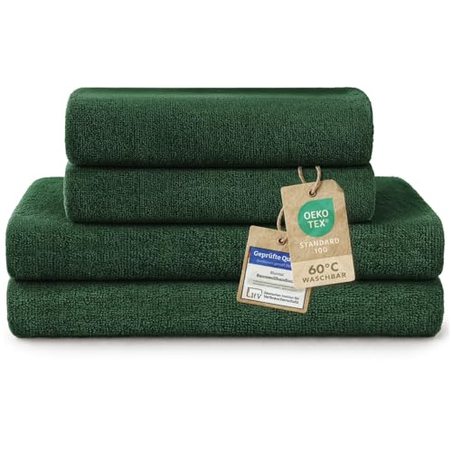 Blumtal Premium Frottier Handtücher Set 4 teilig 100% Baumwolle - Oeko-TEX zertifiziertes Badetuch 2X (70x140 cm) + Towel 2X (50x100 cm) - saugstarkes Frottiertücher Set - Handtücher Grün Dunkel von Blumtal