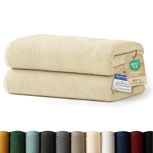 Blumtal Premium Frottier Handtücher Set 2 teilig 100% Baumwolle - Oeko-TEX zertifiziertes Badetuch 2X (70x140 cm) - Ultra saugstarkes Frottiertücher Set waschbar °60 - Towel - Handtuch Beige von Blumtal