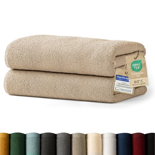Blumtal Premium Frottier Handtücher Set 2 teilig 100% Baumwolle - Oeko-TEX zertifiziertes Badetuch 2X (70x140 cm) - Ultra saugstarkes Frottiertücher Set waschbar °60 - Handtuch Beige/Taupe von Blumtal