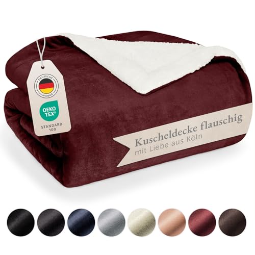 Blumtal Premium Sherpa Kuscheldecke flauschig - Wohndecke Kuscheldecke 230x270 cm - Oeko-TEX zertifizierte Fleecedecke 230x270 cm - Wohn- & Kuscheldecke - Wolldecke 230x270 - Sofadecke in Dunkelrot von Blumtal