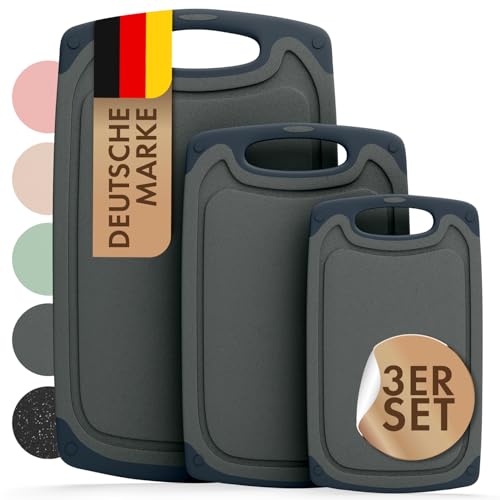 Blumtal Schneidebrett Set mit 3 Größen (S/M/L) - Schneidebrett Kunststoff groß + Saftrillen & Griff - Cutting Board - Schneidbrett BPA frei und spülmaschinenfest - Küchenbrett Grau von Blumtal