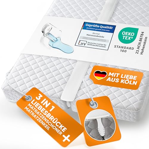 Blumtal Set Liebesbrücke für Matratzen + Matratzenkeil bis 240 cm Gesamtbreite - wasserdichter Matratzenverbinder mit Spanngurten 90 cm Länge + Ritzenfüller T-Keil - Matratzenbrücke waschbar 60 °C von Blumtal