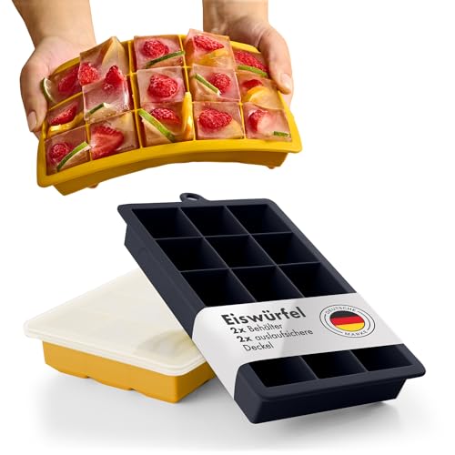 Blumtal Eiswürfelformen Silikon 2x15er - Mit Deckel für 3,3 cm Eiswürfel - 2 Große Eiswürfelbehälter - BPA-Frei - Black Blue und Spicy Mustard von Blumtal
