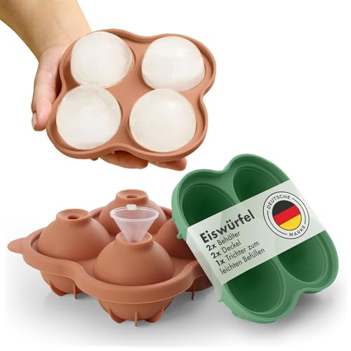 Blumtal Silikon Eiskugelform 2x4er XXL + Trichter-Deckel- Eiswürfel Rund Ø 5 cm - Runde Eiswürfelform 2x - BPA freie Silikonform Eiswürfel groß&rund Eiskugelformer 2x - Olive Green & Mineral Red von Blumtal