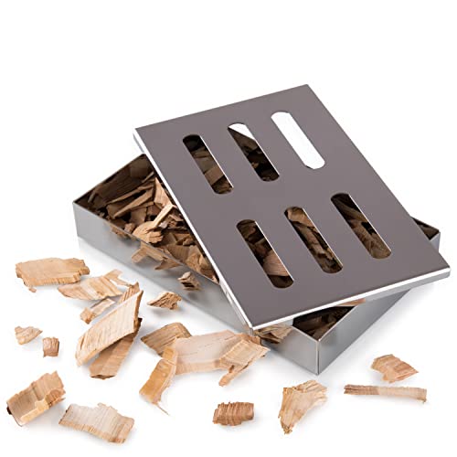 Blumtal Smoker Räucherbox aus rostfreiem Edelstahl - Gas-Grillzubehör oder Holzkohlegrill, 20x13x3,5cm, Silber, inklusive Buchenholz-Chips (150g) von Blumtal