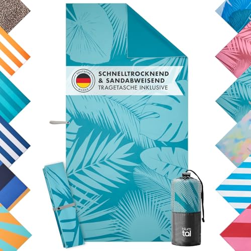 Blumtal Strandtuch XXL aus Mikrofaser - kompaktes und schnelltrocknendes Handtuch/Strandhandtuch 90x180 - Stranddecke sandfrei mit Band - Badetücher schnelltrocknend mit türkisem Palmen-Motiv von Blumtal