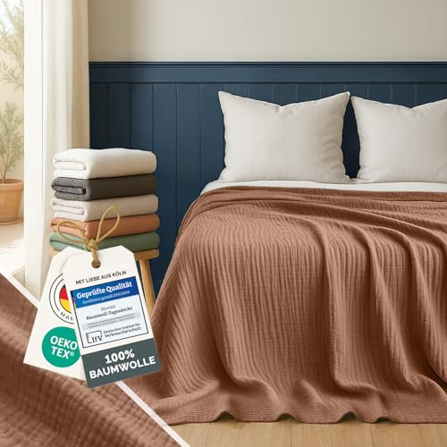 Blumtal Tagesdecke Baumwolle 150x200 cm - Musselin Decke Oeko-TEX zert. - Bettüberwurf 150x200 - Couch Überwurf - leichte Kuscheldecke Baumwolle 100% - Tagesdecke Bett - Sofadecke Copper von Blumtal