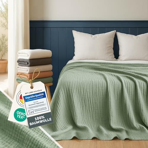 Blumtal Tagesdecke Baumwolle 150x200 cm - Musselin Decke Oeko-TEX zert. - Bettüberwurf 150x200 - Couch Überwurf - leichte Kuscheldecke Baumwolle 100% - Überdecke Bett - Couchdecke - Tagesdecke Grün von Blumtal