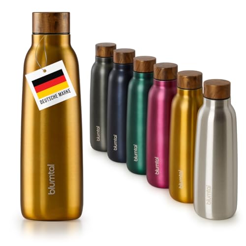 Blumtal® Trinkflasche Edelstahl isoliert - Thermosflasche 500 ml - BPA-freie Thermo Trinkflasche kalt&warm - auslaufsichere Trinkflasche Metall - Thermos Trinkflasche - Trinkflasche 500 ml - Holz/Gelb von Blumtal