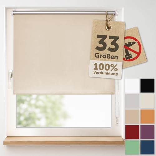 Blumtal Verdunkelungsrollo ohne Bohren 100x210cm - Thermorollo/Verdunklungsrollo 100% Verdunkelung - Klemmrollos für Fenster ohne Bohren - 4-lagiges Rollo UV-beständig - Seitenzugrollo Taupe von Blumtal
