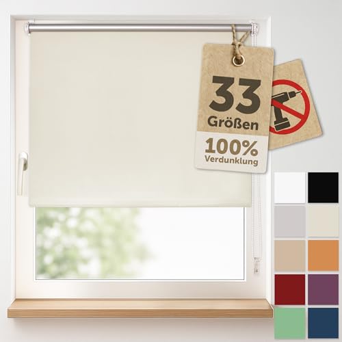 Blumtal Verdunkelungsrollo ohne Bohren 70x130cm - Thermorollo/Verdunklungsrollo 100% Verdunkelung - Verdunkelungsrollo ohne Bohren - 4-lagiges Rollo UV-beständig - Klemmrollos Ivory von Blumtal