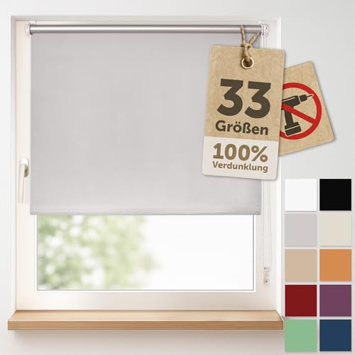 Blumtal Verdunkelungsrollo ohne Bohren 90x130cm - Thermorollo/Verdunklungsrollo 100% Verdunkelung - Klemmrollos für Fenster ohne Bohren - 4-lagiges Rollo UV-beständig - Blackout Blinds Grau von Blumtal