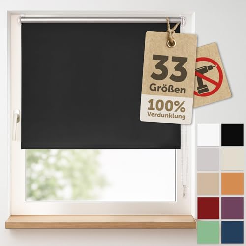 Blumtal Verdunkelungsrollo ohne Bohren 95x130cm - Thermorollo/Verdunklungsrollo 100% Verdunkelung - Klemmrollos für Fenster ohne Bohren - 4-lagiges Rollo UV-beständig - Sonnenrollo Fenster Schwarz von Blumtal