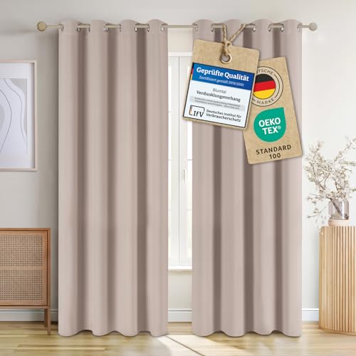 Blumtal Verdunklungsvorhänge 2er Set - Thermovorhang Hitzeschutz - Vorhang Blickdicht mit Ösen - Gardinenschals mit Schlaufen - Curtain - Gardinen 145x140cm - Schlaufenschal 2er Set - Vorhang Taupe von Blumtal