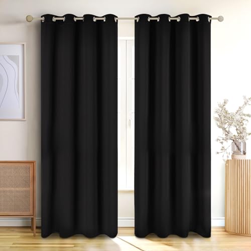Blumtal Verdunklungsvorhänge 2er Set - Thermovorhang Hitzeschutz - Vorhang Blickdicht mit Ösen - Gardinenschals mit Schlaufen - Gardinen 265x140 cm - Vorhangschals 2er Set - Gardinen Schwarz von Blumtal