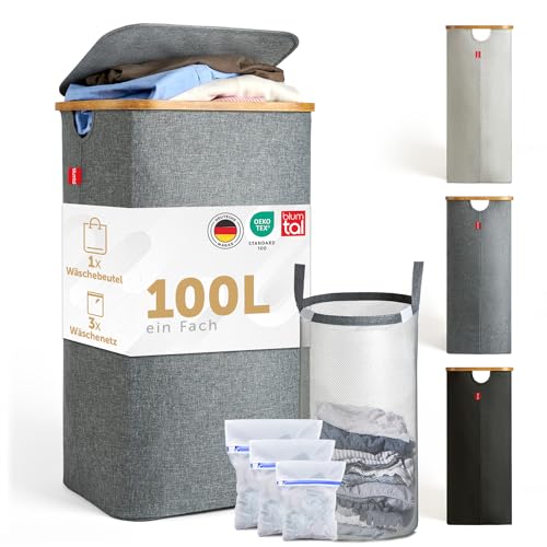 Blumtal® Wäschekorb 1 Fach 100L - waschbarer und hygienischer Wäschesammler schmal mit herausnehmbarem Wäschenetz - Wäschekorb mit Deckel & Bambusrand - Wäscheboxen - Laundry Basket - Wäschekorb grau von Blumtal