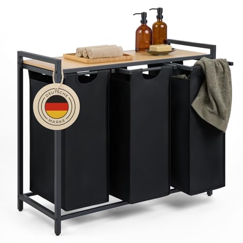 Blumtal Wäschesammler 3 Fächer Schwarz - Wäschekorb mit Ablage in Bambus-Optik - Wäscheschrank mit Metall-Rahmen in Schwarz - Wäschekorb mit Beinen - Wäschesortierer 3 Fächer/Schmutzwäschebehälter von Blumtal