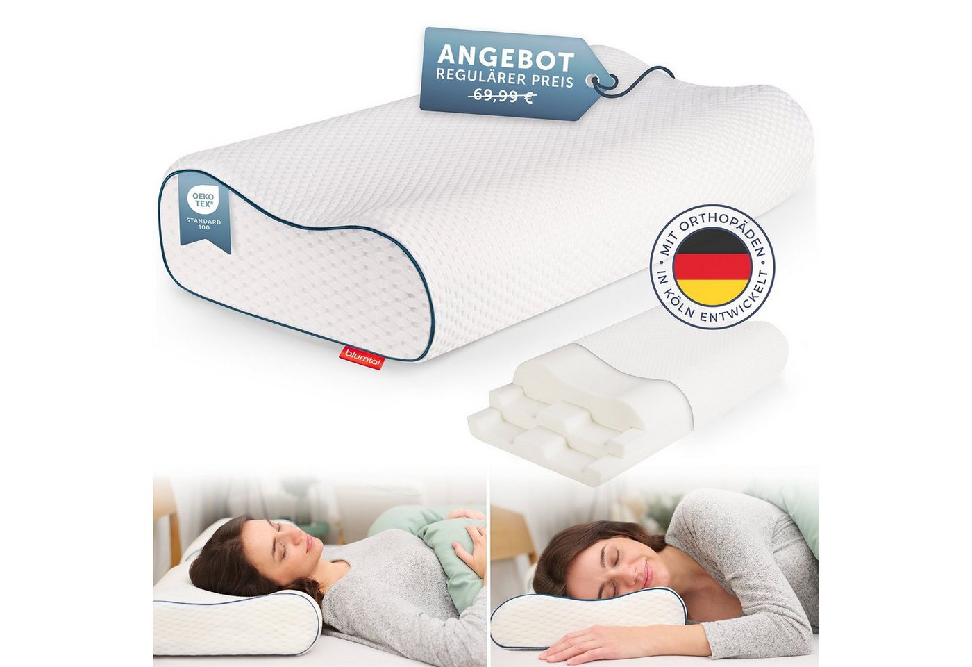 Nackenstützkissen Orthopädisch aus Memory Foam, Blumtal, Ohne Plattliegen für Seitenschläfer, Bauchschläfer & Rückenschläfer, Anti-Schnarch-Kissen, ergonomisches Kissen mit individueller Höhenanpassung von Blumtal