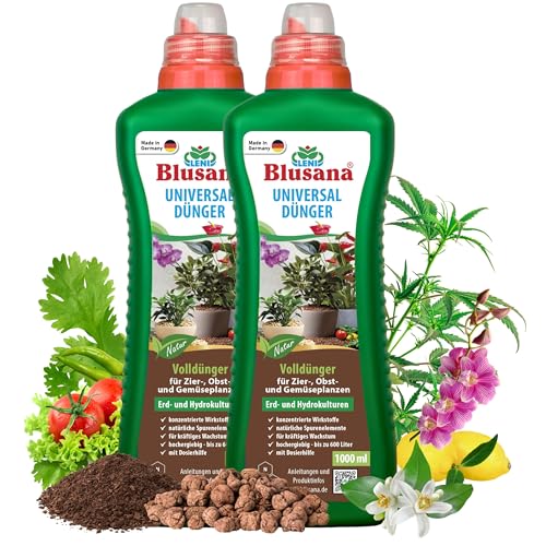 Blusana Premium Universal Flüssigdünger NPK Dünger 6-3-6 für Zierpflanzen Obst- und Gemüse Hydrokultur Erde Hydroponik mineralischer Volldünger (2 Liter - 2 x 1l Flasche) von Blusana