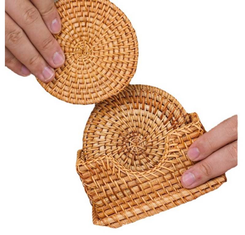 Blusmart Becheruntersetzer Rattan-Untersetzer, Zubehör für Geeignet für Tassen unter 10 cm, , 6 Untersetzer + Aufbewahrungskorb, Natürliche Isolierung, rutschfest von Blusmart