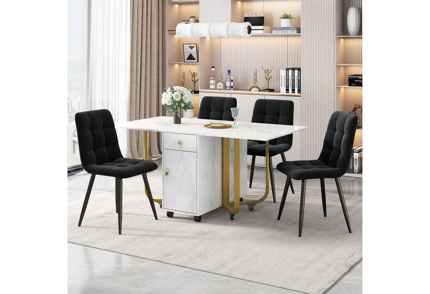 Blusmart Essgruppe Klappbarer Küchentisch Set, Samt Esszimmerstühle, (Polsterstuhl Design Stuhl mit Rückenlehne, 5-tlg., Weiße MDF-Tischplatte, goldene Beine), 150×80×76cm Esstisch mit 4 Stühlen von Blusmart