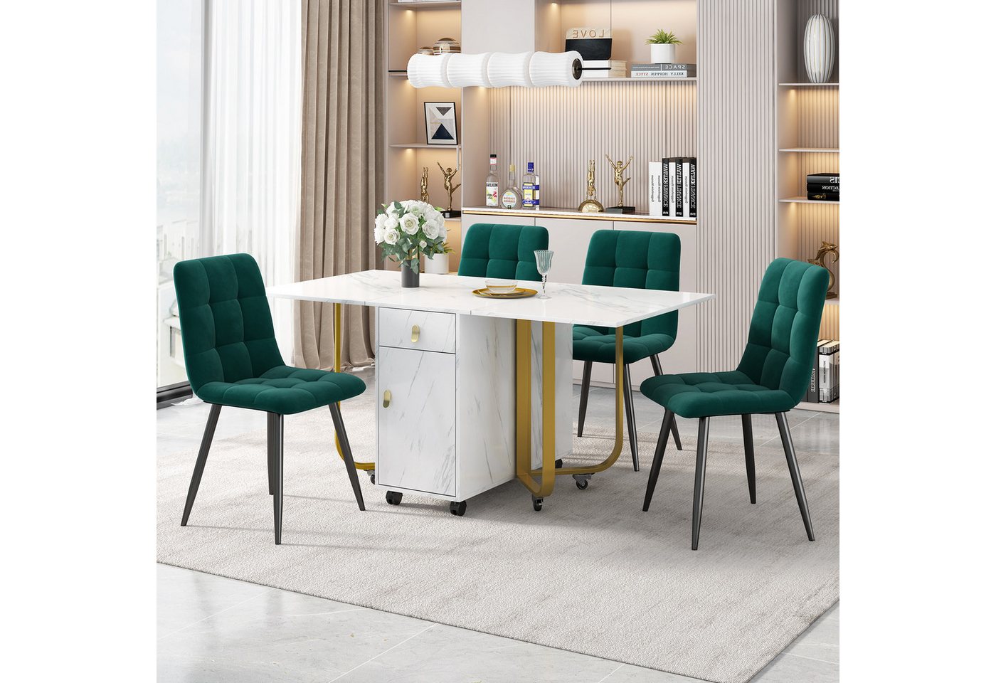 Blusmart Essgruppe Klappbarer Küchentisch Set, Samt Esszimmerstühle, (Polsterstuhl Design Stuhl mit Rückenlehne, 5-tlg., Weiße MDF-Tischplatte, goldene Beine), 150×80×76cm Esstisch mit 4 Stühlen von Blusmart