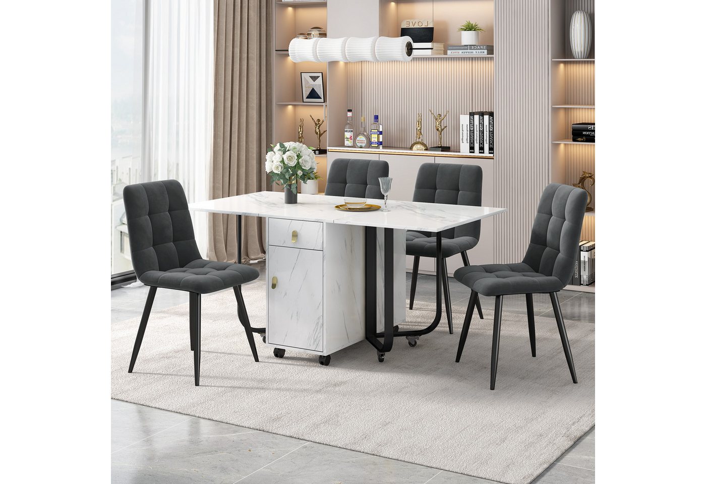 Blusmart Essgruppe Klappbarer Küchentisch Set, Samt Esszimmerstühle, (Polsterstuhl Design Stuhl mit Rückenlehne, 5-tlg., Weiße MDF-Tischplatte, schwarze Beine), 150×80×76cm Esstisch mit 4 Stühlen von Blusmart