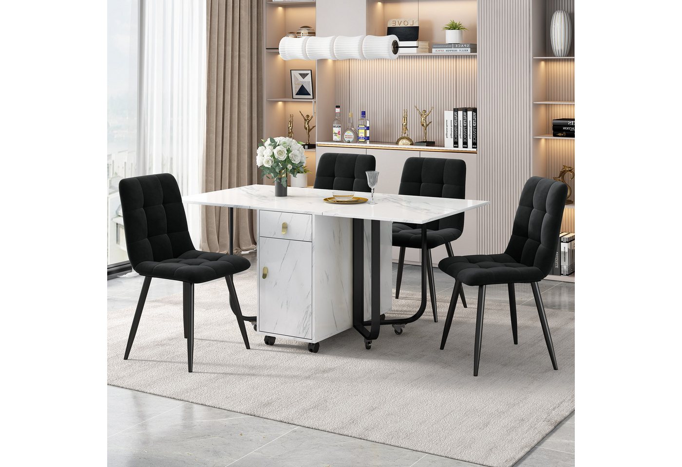 Blusmart Essgruppe Klappbarer Küchentisch Set, Samt Esszimmerstühle, (Polsterstuhl Design Stuhl mit Rückenlehne, 5-tlg., Weiße MDF-Tischplatte, schwarze Beine), 150×80×76cm Esstisch mit 4 Stühlen von Blusmart