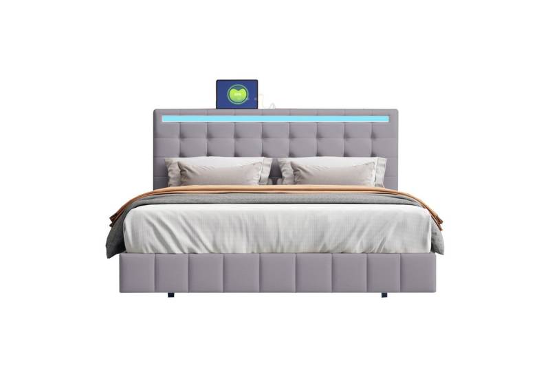 Blusmart Polsterbett mit LED-Leuchten und Kopfteildesign (Doppelbett, gepolsterter Schwebebettrahmen, Hautfreundlichem Leinen), 140 x 200 cm, Ohne Matratze von Blusmart