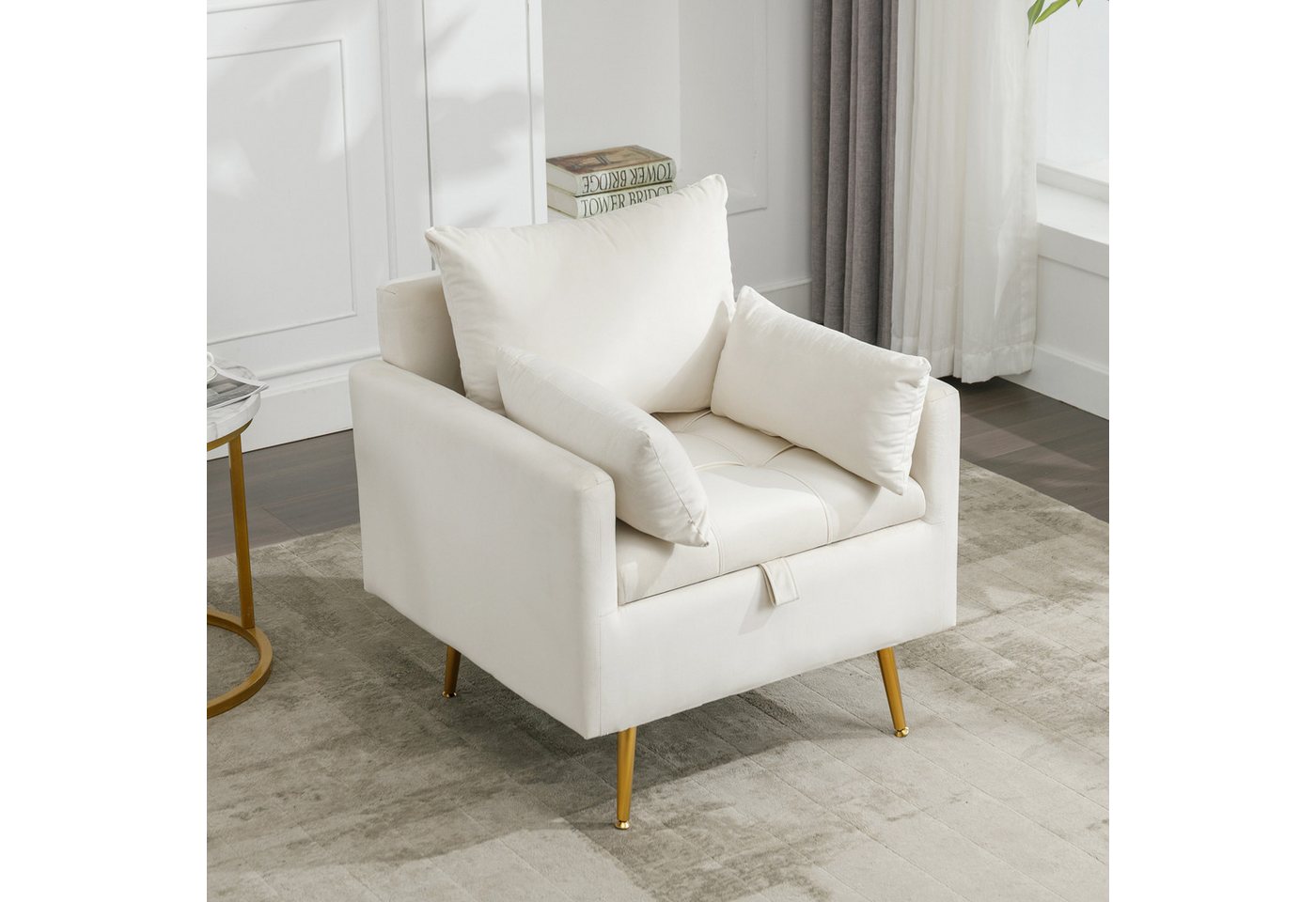 Blusmart Sessel Moderner, minimalistischer Samtstuhl (Mit Stauraum und metallisch goldfarbenen Beinen, 1-St., Gepolsterter Sessel), Einzelsessel, dekorativer Stuhl von Blusmart