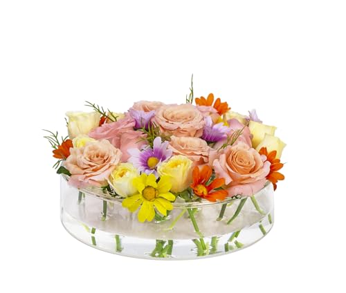 Blustrio Blumenvase aus Acryl, runde transparente Blumenvase (D: 25cm / H:6.5cm), Moderne Acryl Vasen für Hochzeite, Tischdeko, Büro, Party Deco, Esstisch von Blustrio