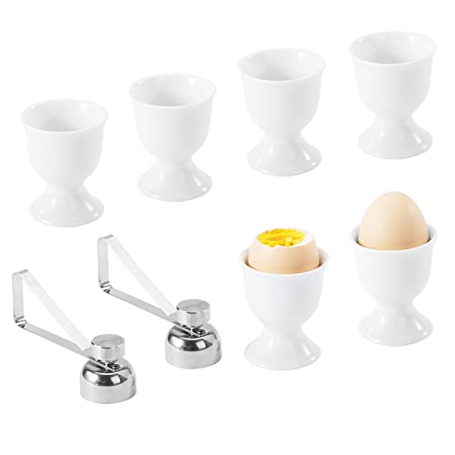 Bluweet Eierbecher Porzellan Eierbecher Set für Hart und Weichgekochten Eiern, 6 Weißes Porzellan Eierbecher 2 Eieröffner Set, Eierhalter Stapelbar Kinder von Bluweet